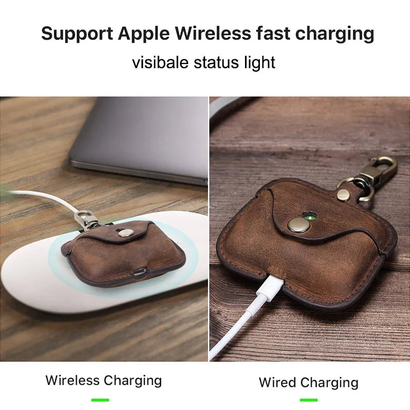 Brown genuine leather AirPods Pro case with vintage clamshell design and crazy horse pattern texture