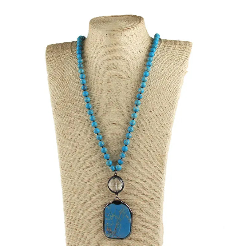 Women's natural stone necklace with geometric ellipse pendant, knot chain, and 81cm and above circumference