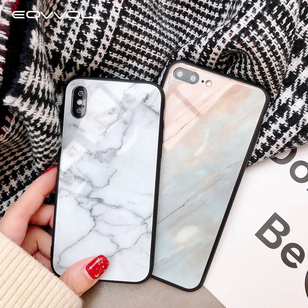 Marble glass phone case with TPU bumper for iPhone 6 to XS Max, Beige colour option