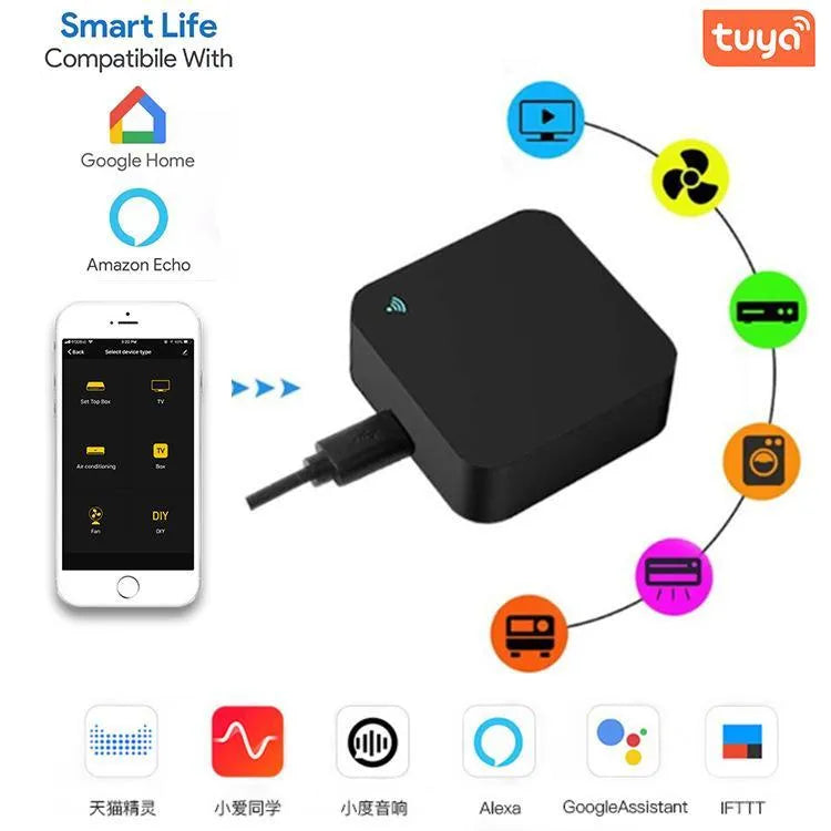 Black universal infrared remote control for voice-operated air conditioning and appliances