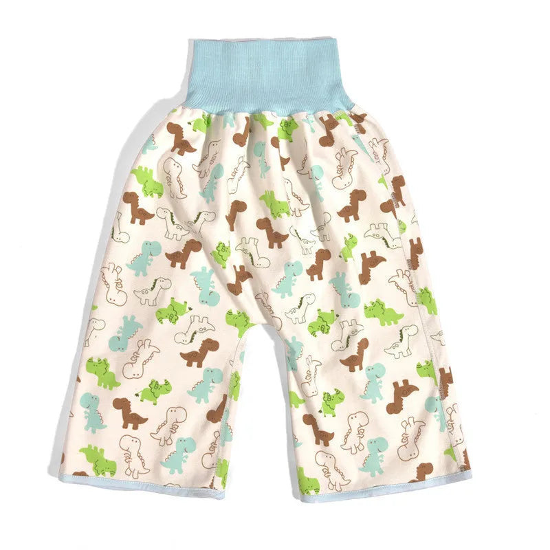 High waist baby diaper training pants in blue car cartoon print, showing elastic waistband.