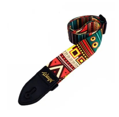 Printed cloth guitar shoulder strap showing eight design options on adjustable strap