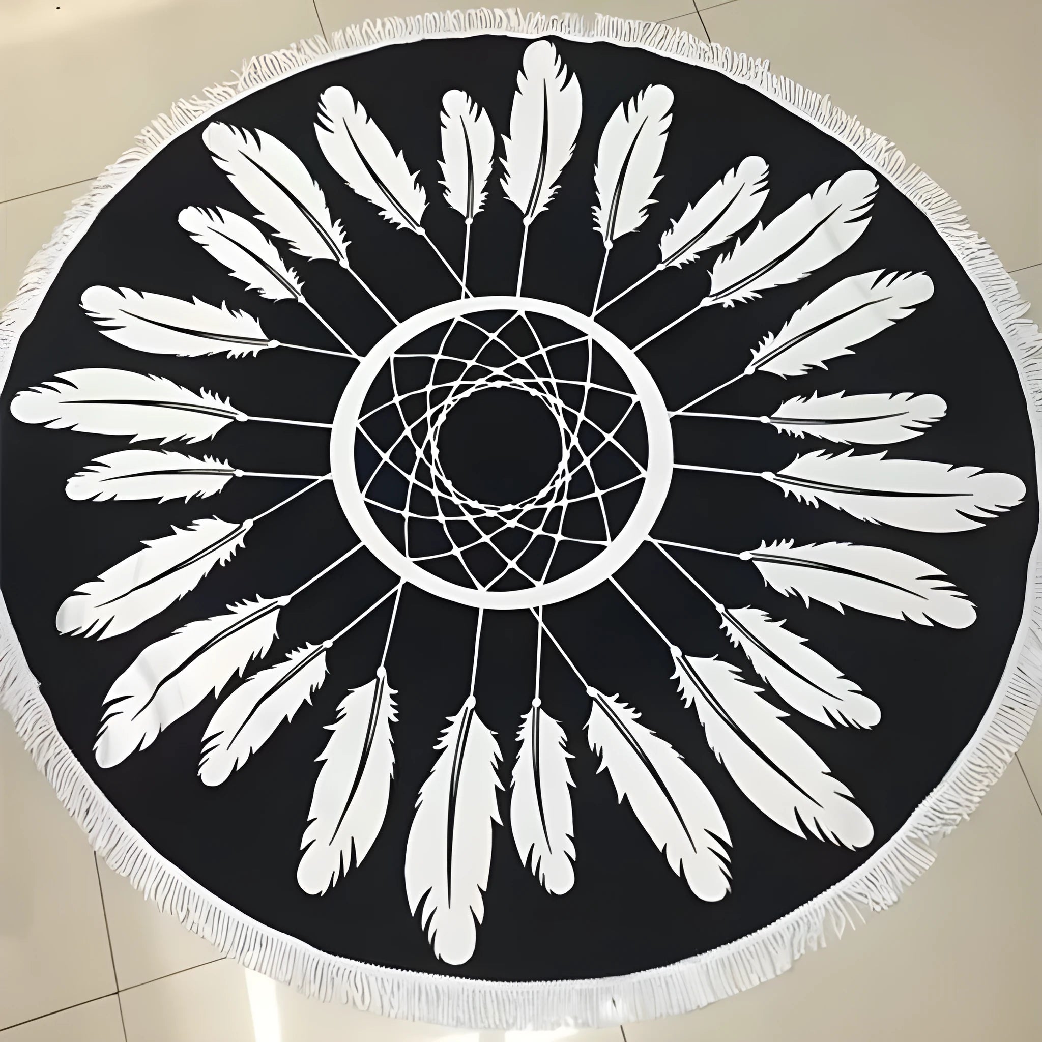 Round feather yoga mat in microfiber fabric, 150cm diameter, 250g, on floor