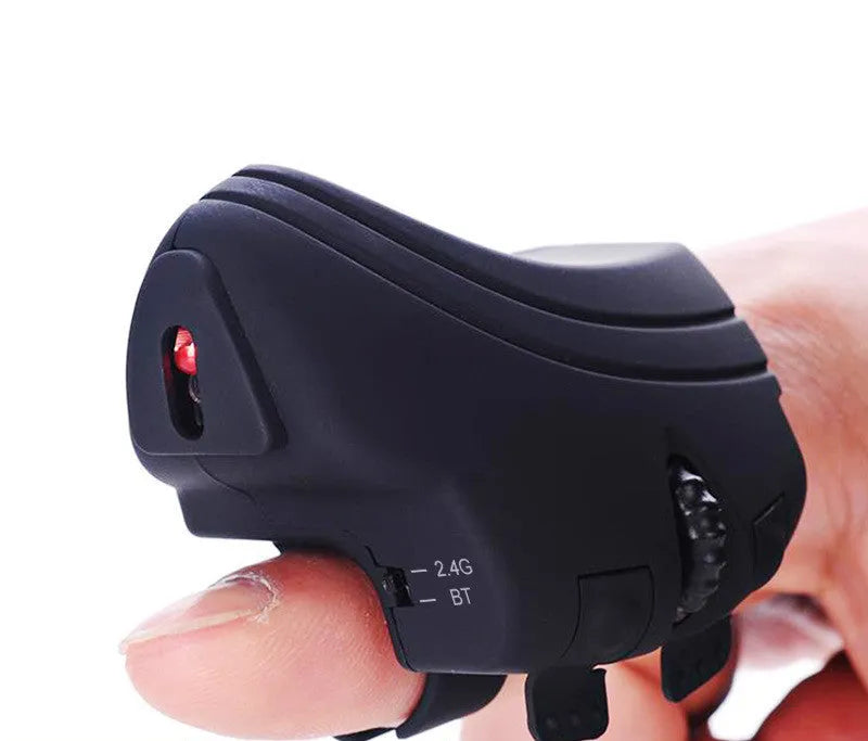 Bluetooth 2.4G rechargeable ring mouse in black, 60x40mm, with three buttons and optical sensor