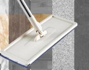 Lazy mop set with microfiber flat head and bucket on tile floor, with 360-degree rotation for corner cleaning