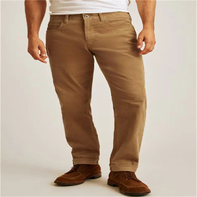 Corduroy straight-leg casual trousers in solid colours with mid waist and zip fly