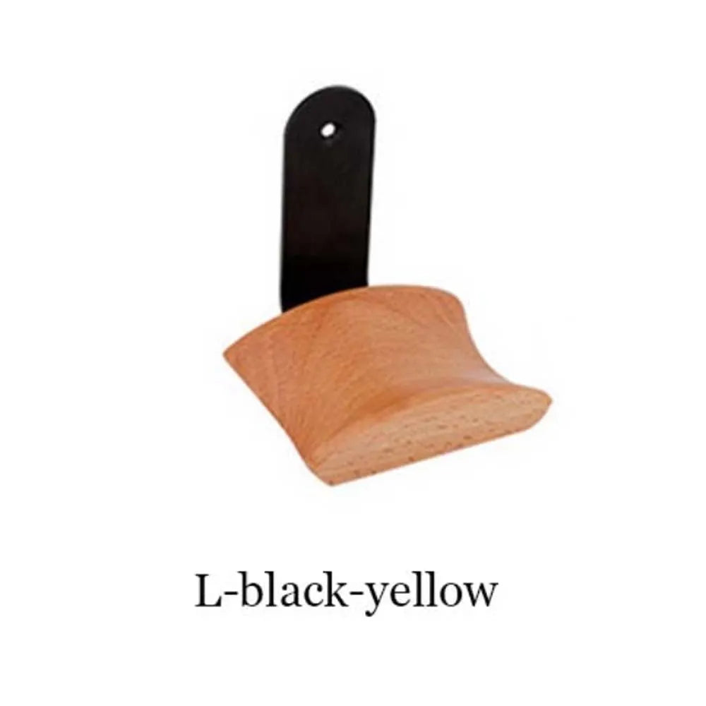 Solid wood headphone hanger in North American walnut or French beech with aluminium alloy parts, shown in brown or yellow colour options