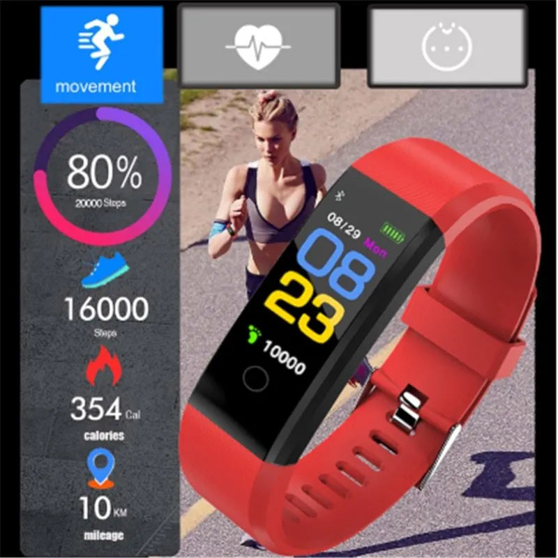 Smart wristband fitness tracker with 0.96in colour LED screen, heart rate monitor, TPU band, available in Black, Blue, Green, Purple and Red.
