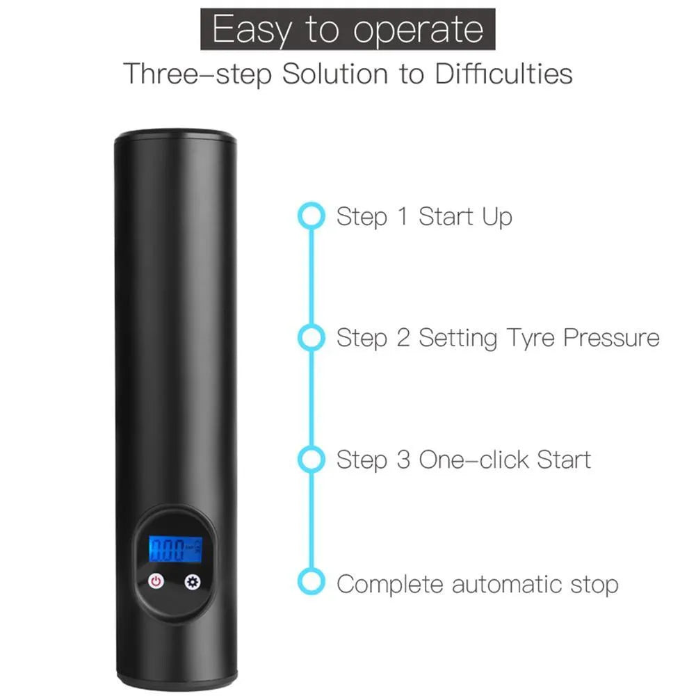 Portable electric air pump with digital gauge and LED light, 150PSI, black and gray design