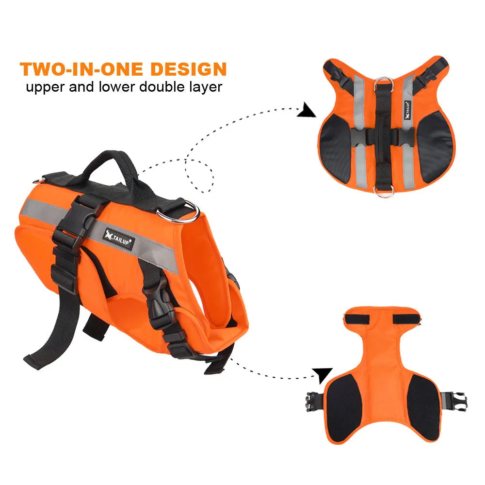 Reflective orange dog life jacket vest with double-layer buoyancy and Velcro fastening on green grass