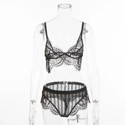 Black lace split underwear set with adjustable black shoulder strap for women