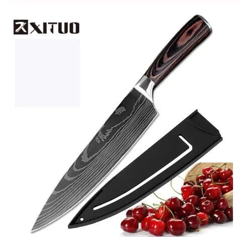 7Cr17 stainless steel kitchen knife with laser Damascus pattern on blade and colour steel handle.