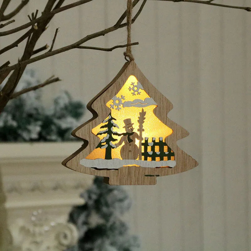 Laser-cut wooden Christmas decorations in polychromatic old man, snowman, deer and five-star snowman shapes