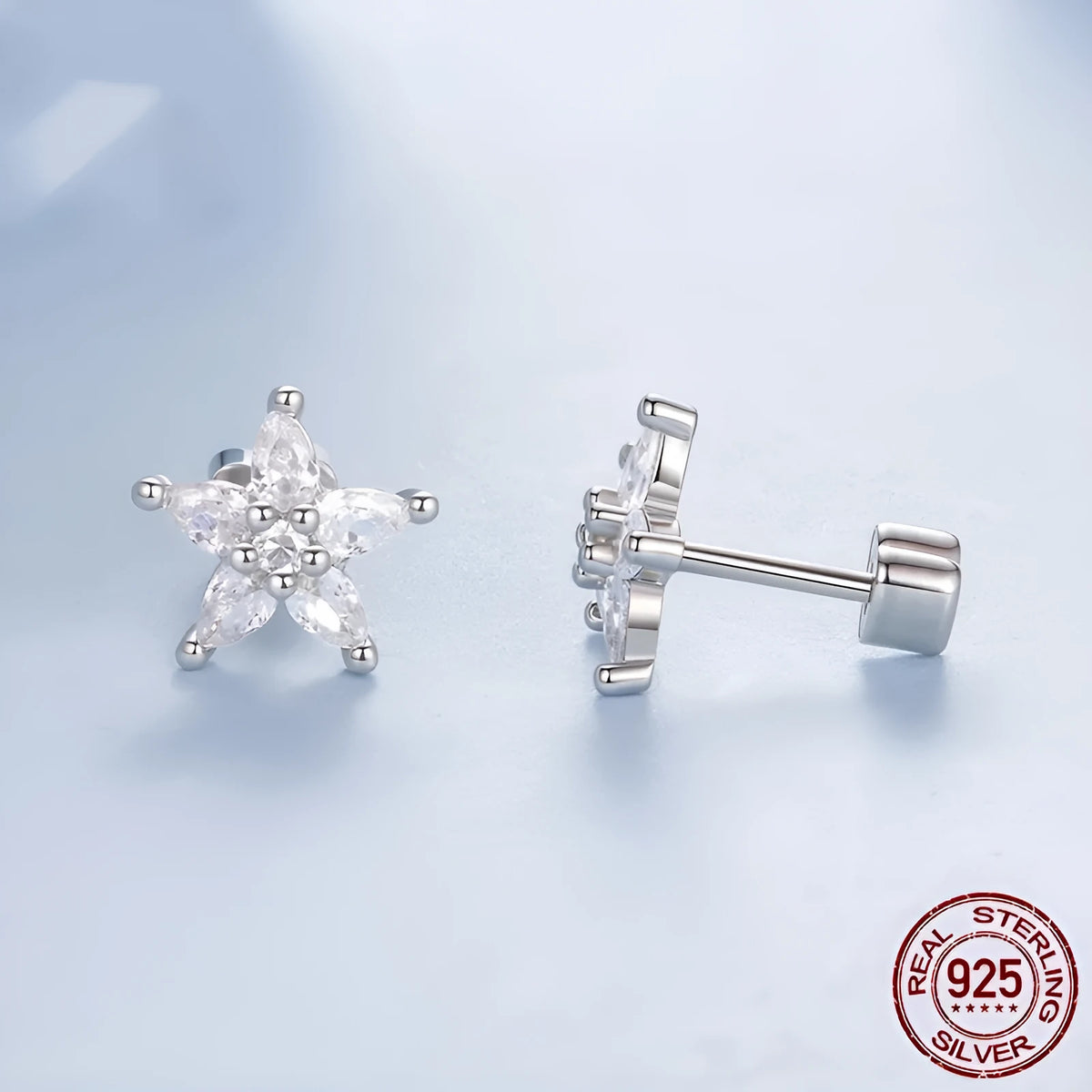 Small silver flower ear studs with shining zircon detail, Christmas style, one pair, colour BSE1239