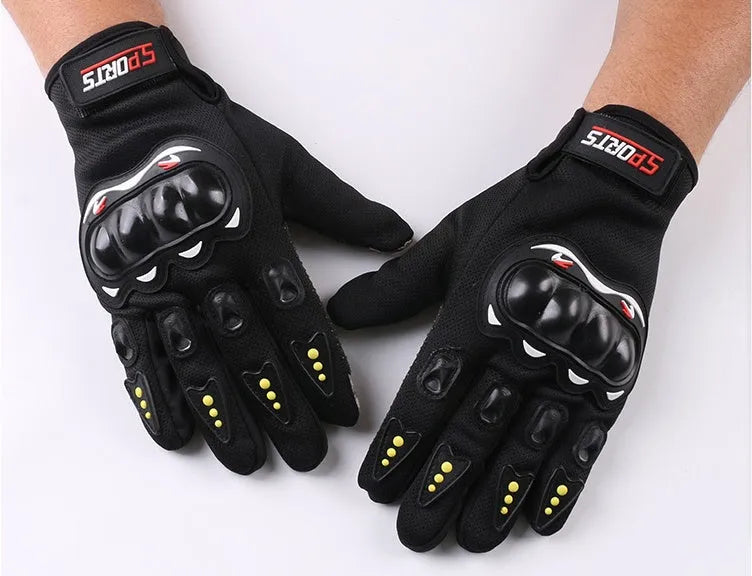 Black outdoor motorcycle non-slip gloves with hard shell and velcro closure