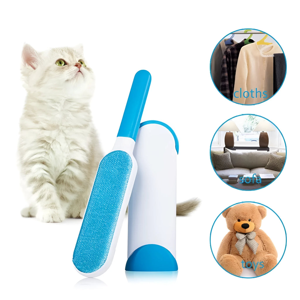 Blue reusable pet hair removal brush with self-cleaning base for furniture and upholstery.