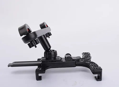 Black car seat tablet holder mounted on headrest with iPad