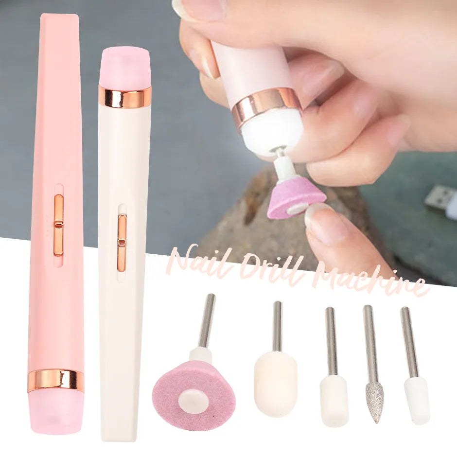 White cordless electric nail drill machine with LED light, five abrasive heads, and a USB charging cable on a pink background.