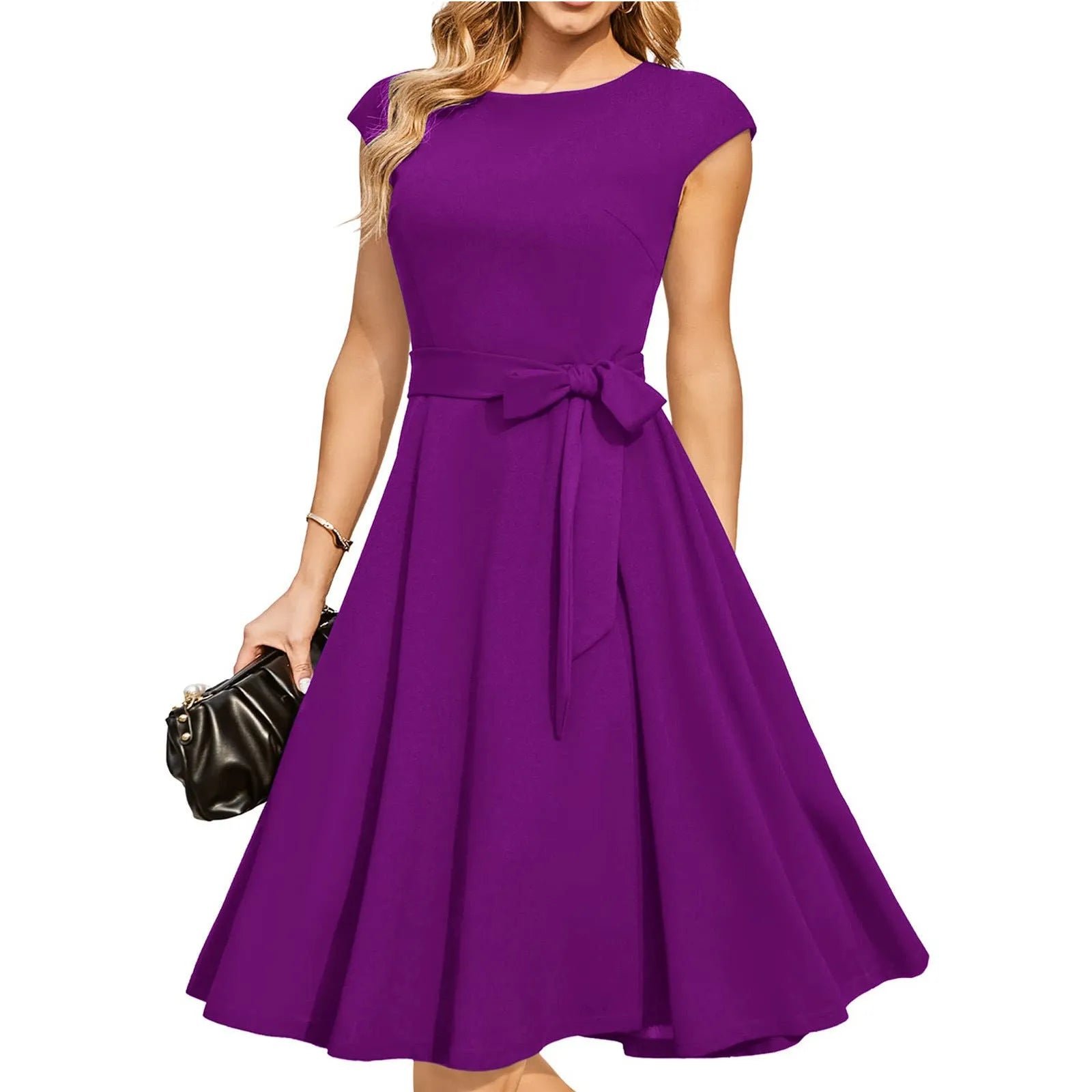 Sleeveless black party dress with lace-up waist detail and oversized swing skirt mid-length design