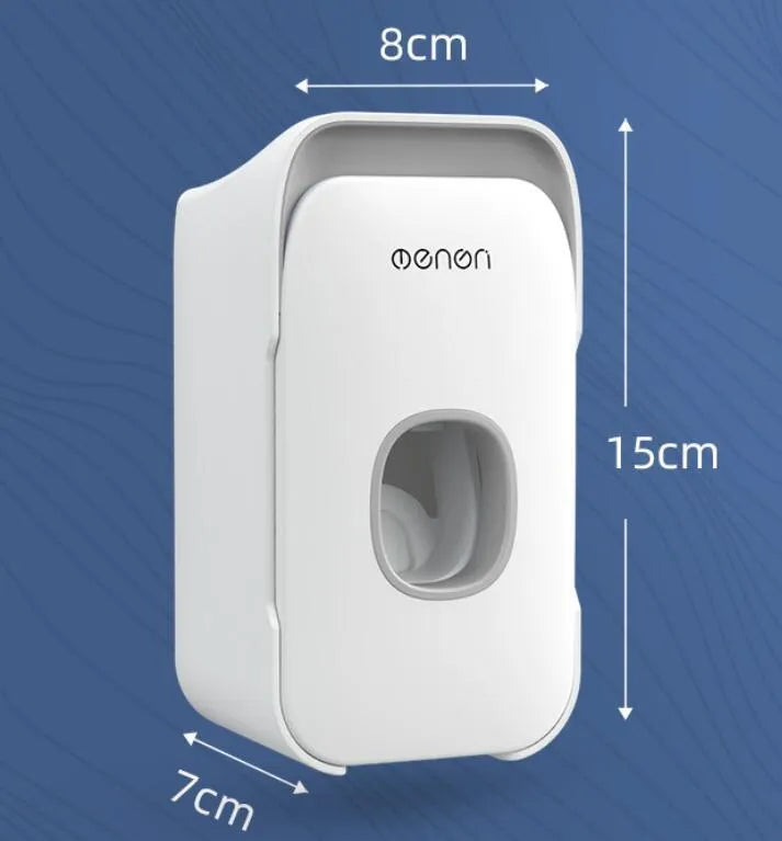 Blue automatic toothpaste dispenser mounted on a bathroom wall with motion sensor.