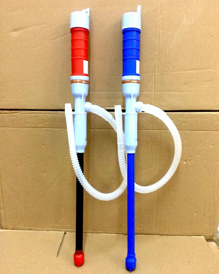Blue and red manual plastic fuel transfer hand pump with tubing