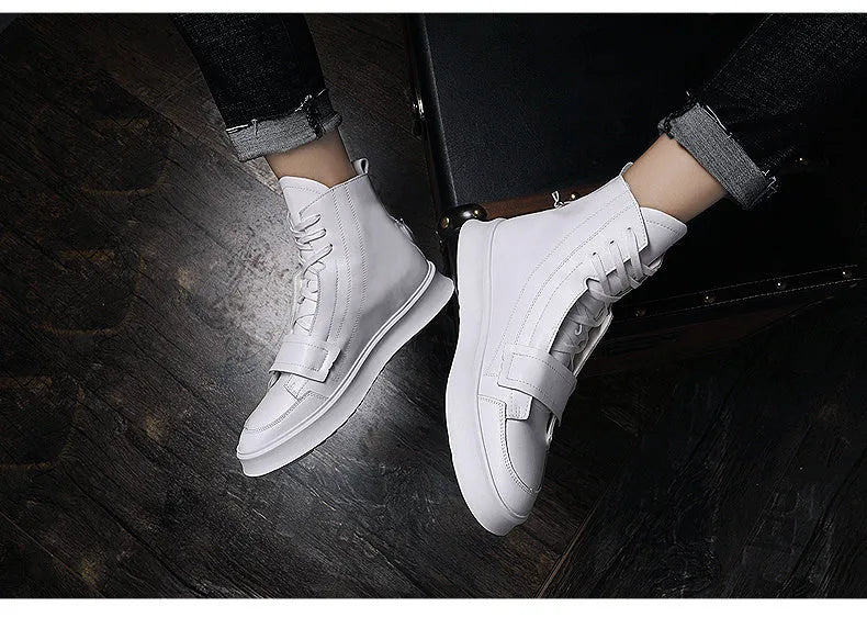 Men's black and white PU leather high-top ankle boots for winter, shown with size chart.