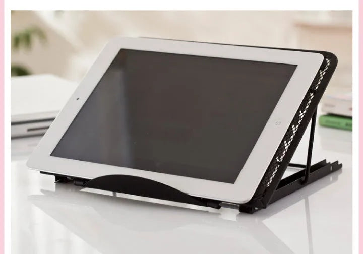 Silver adjustable laptop stand with six tilt angles, shown holding a tablet in horizontal orientation.