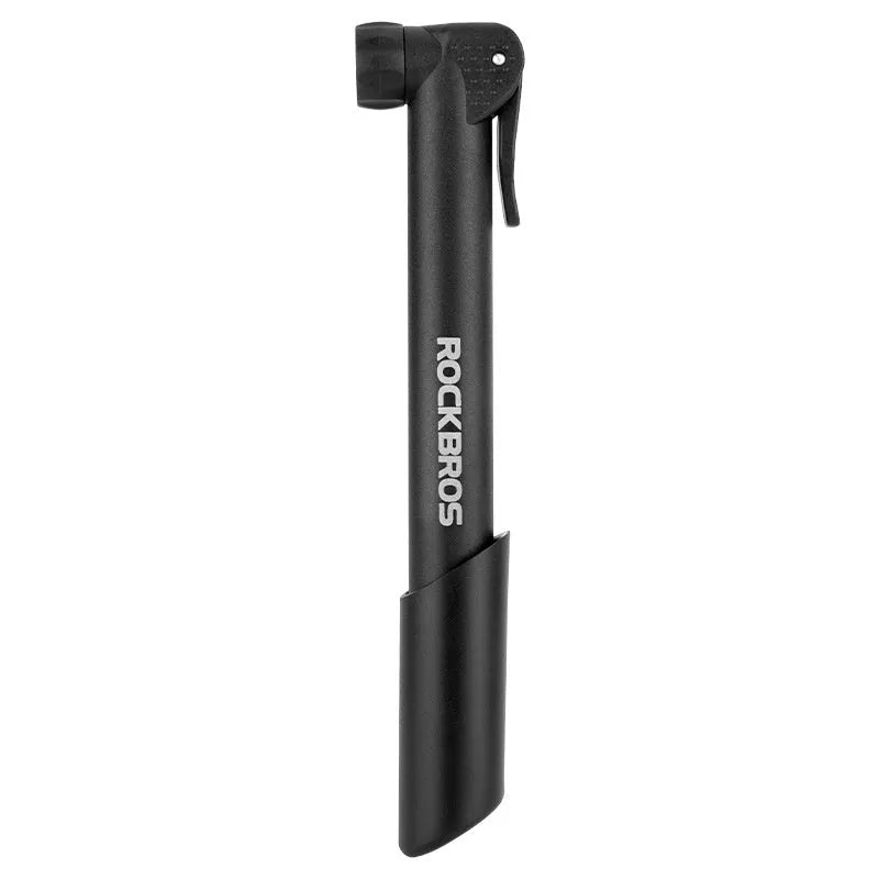 Black plastic portable mini bicycle tire inflator with gas nozzle on white background