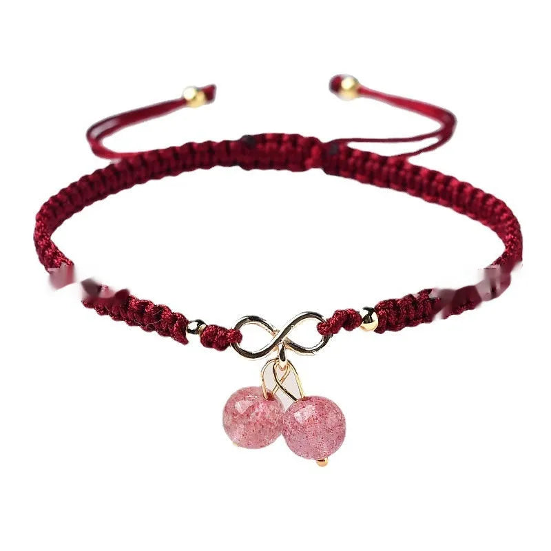 Women's natural strawberry quartz cherry bracelet with crystal fruit charms