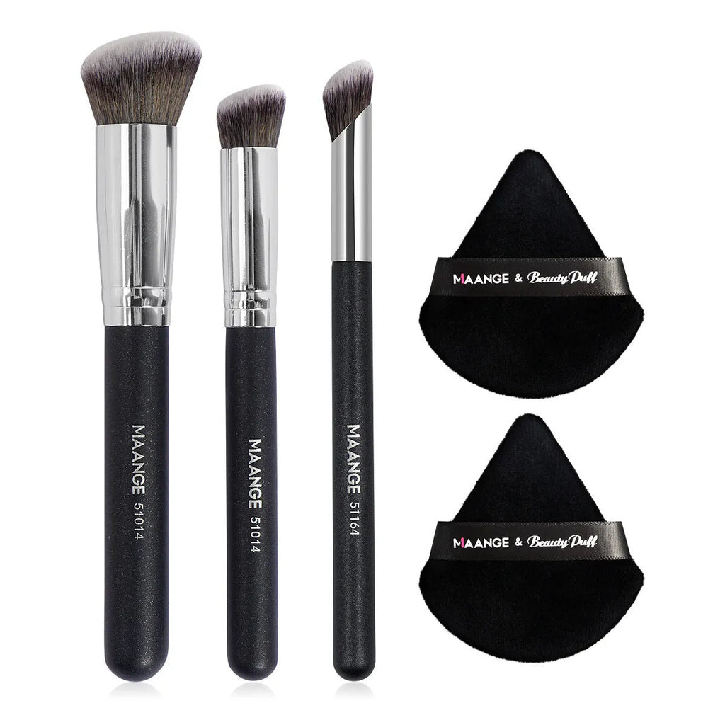 3-piece wooden makeup brush set with triangle powder puff in apricot, black, black gold, and black silver colours