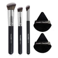 3-piece wooden makeup brush set with triangle powder puff in apricot, black, black gold, and black silver colours
