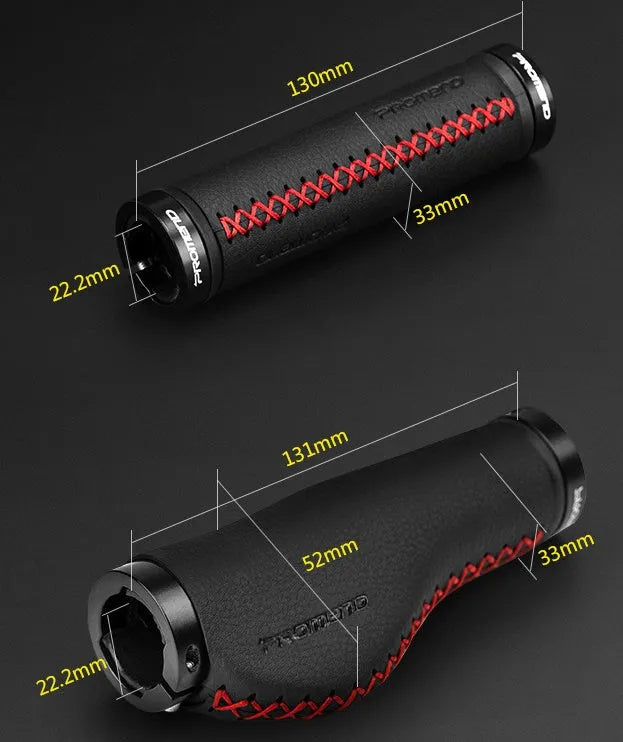 Bicycle handle grips in artificial leather with curved shape for wrist protection, black/black line colour
