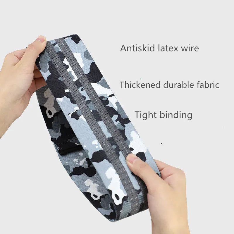 Anti-slip camouflage resistance band in polyester cotton blend, available in S, M, and L sizes, colours Blue, Grey, and Orange