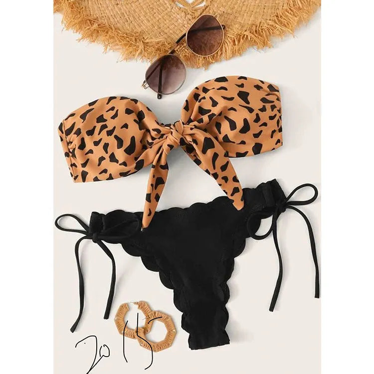 Women's split swimwear bikini set in leopard print with nylon and polyester fabric, available in sizes S M L XL
