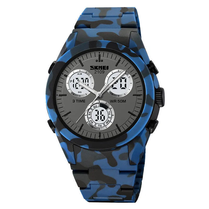 Electronic casual watch with digital display on a camouflage TPU strap, showing time and date.