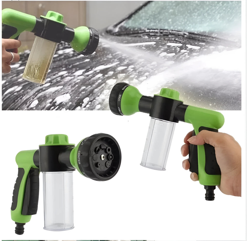 Green high-pressure foam spray gun with adjustable nozzle for car and household cleaning