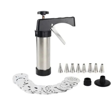Stainless steel biscuit press cookie gun with assortment of metal cookie molds and piping nozzles