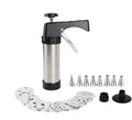 Stainless steel biscuit press cookie gun with assortment of metal cookie molds and piping nozzles