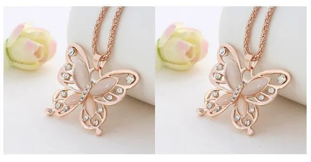 Butterfly Spirit Necklace with alloy pendant, snake bone chain, and gold or rose colour options