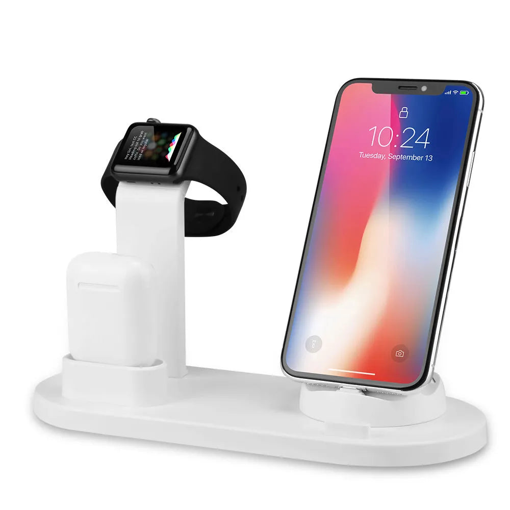 White three-in-one USB charging stand for headphones and mobile phones