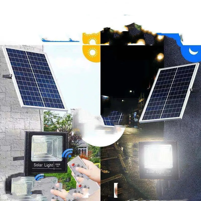Black Cornucopia solar-powered LED flood light mounted on an outdoor wall with remote control.