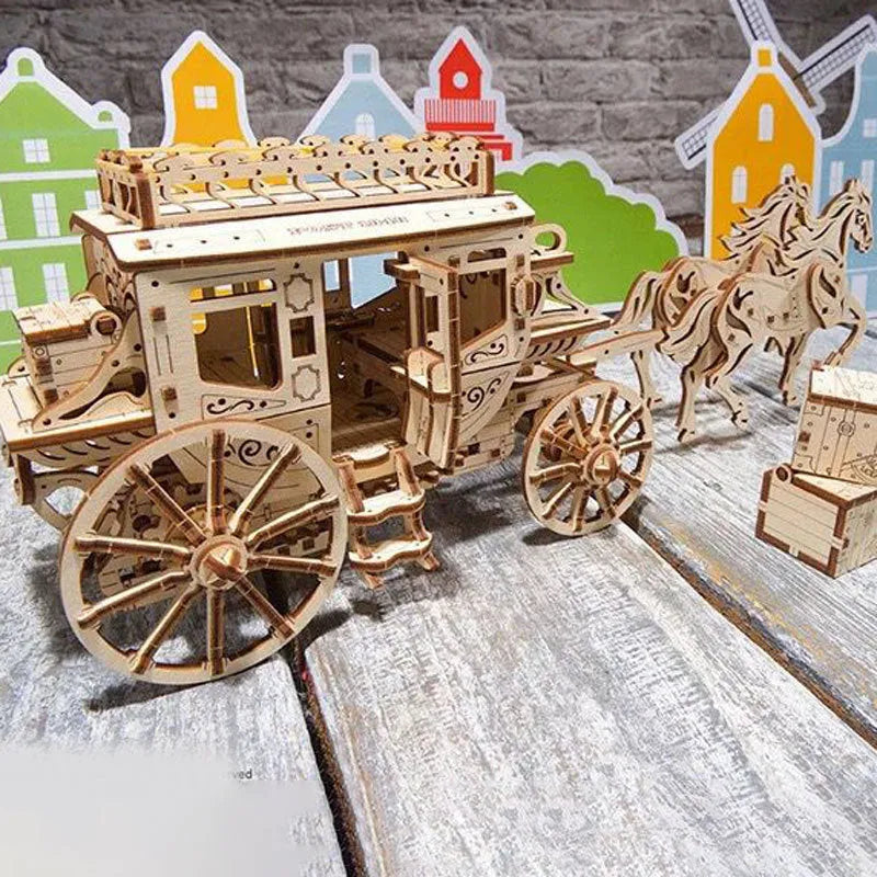 Wooden gear block mechanical transmission model in Stagecoach colour style assembled on a table