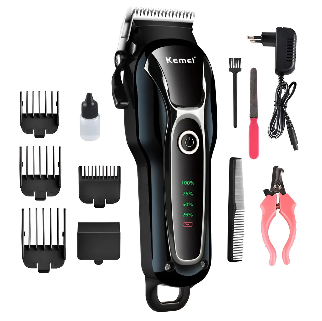 Black rechargeable pet shaver and clipper with 5W motor, patented mobile blade, and 120-minute runtime