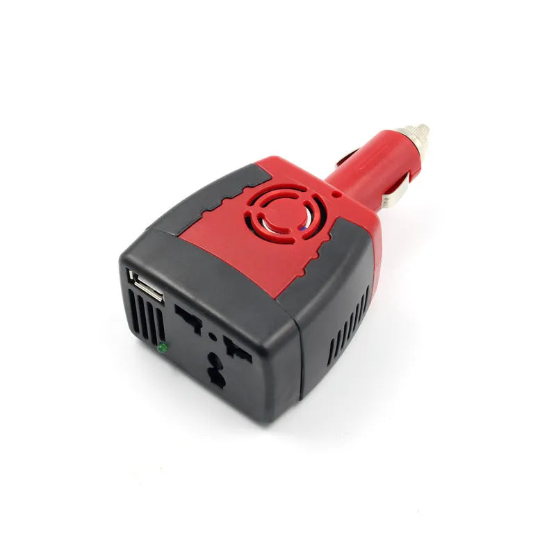 Black and red car power inverter converting 12V to 110V AC with USB output, dimensions 115x65x41mm