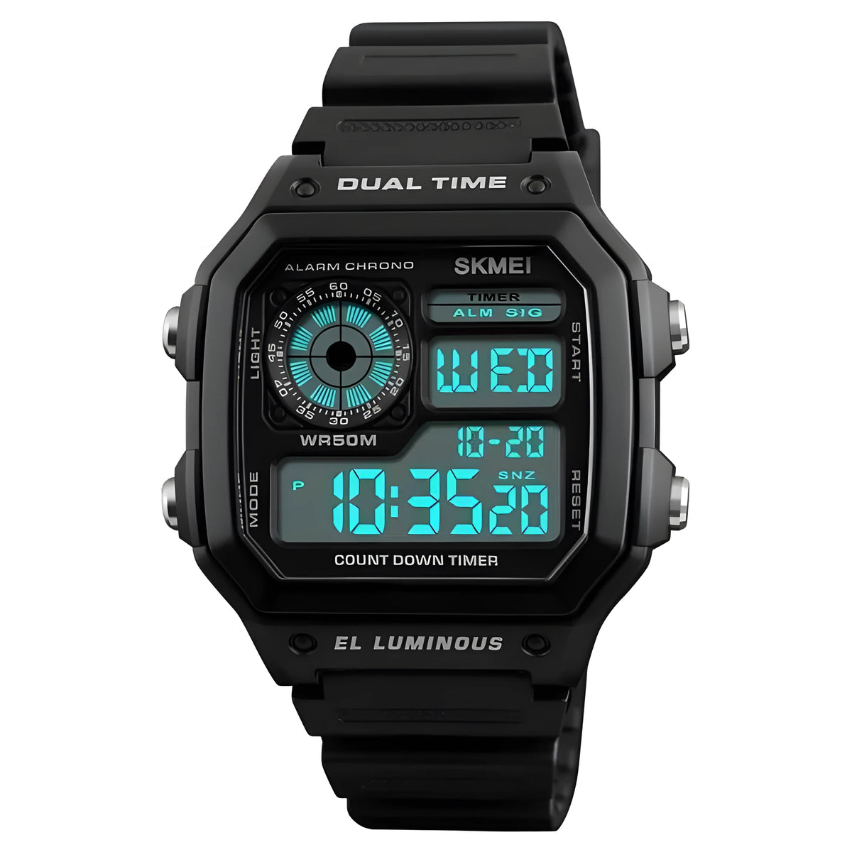 Skmei 43mm round digital watch with LED display and silicone strap for men outdoor sports