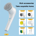 White cordless electric handheld scrubber with five interchangeable brush heads and USB charging cable