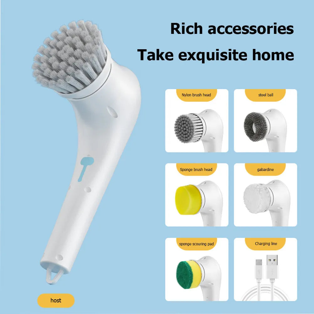 White cordless electric handheld scrubber with five interchangeable brush heads and USB charging cable