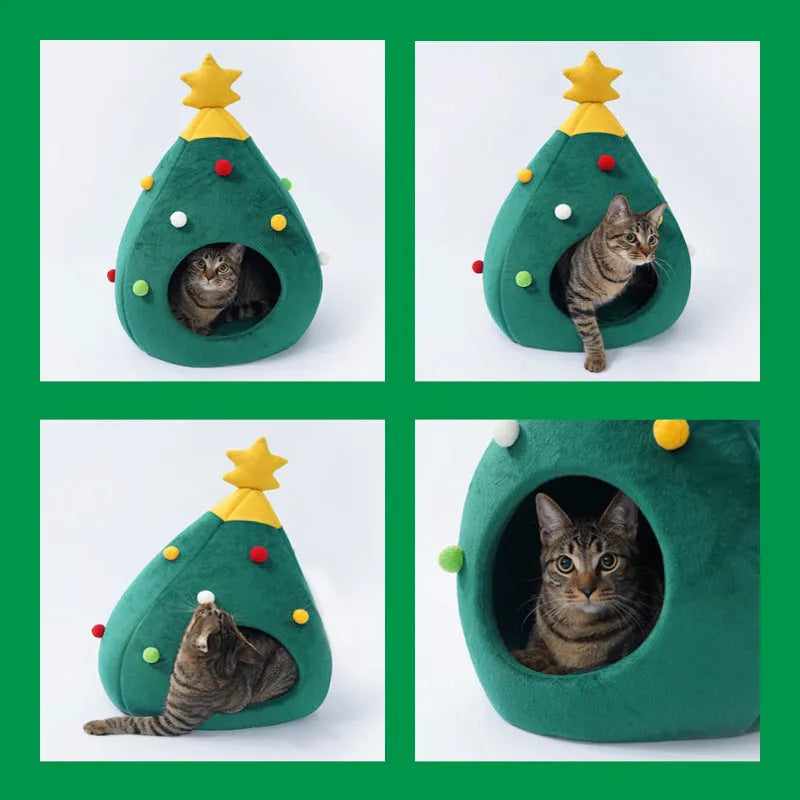 Red Christmas tree shaped plush cave bed for cats and small dogs on a wooden floor
