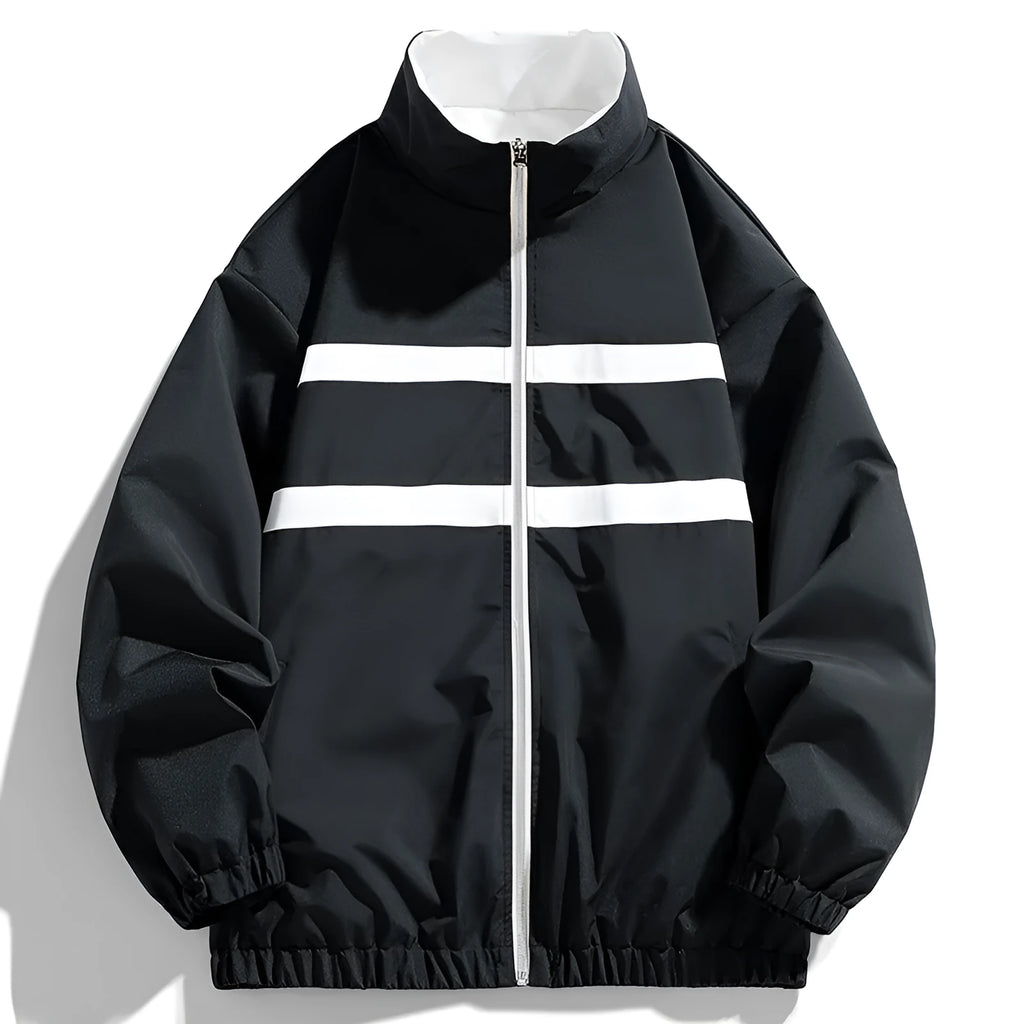 Men's double-sided stand collar jacket in solid colour, polyester, black, red, taro purple, sizes S to 4XL