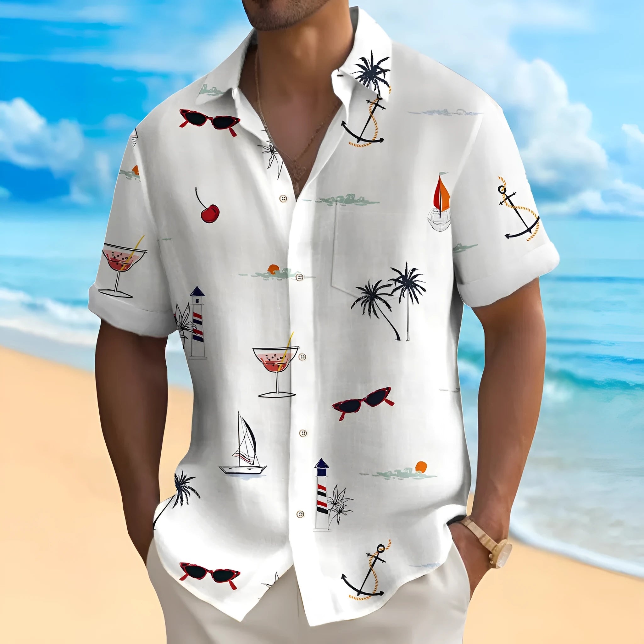 Men's loose fit short sleeve Hawaiian shirt with a colourful digital printed pattern.